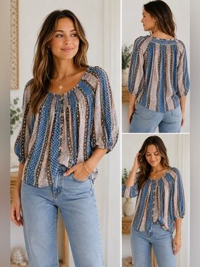 NEW Davi & Dani Boho Peasant Blouse NWT Blue Paisley Smocked cottagecore Top S